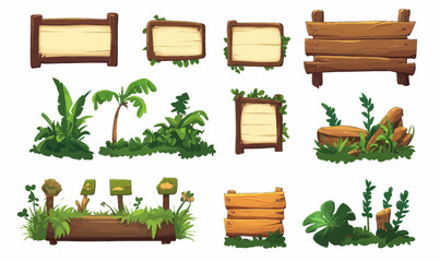 Jungle-Themed Cartoon Game Panels with Wooden Signs and Tropical Plants Vector