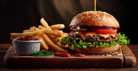 Delicious burgers with fries on a wooden board, generated