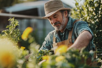 Senior farmer taking care of plants in his garden