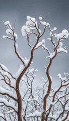 Obraz premium Twisted, gnarled branches laden with snow against a charcoal sky, holiday season, abstract