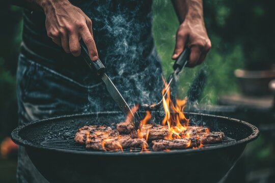 Chef grilling steaks on barbecue with flames and smoke outdoors