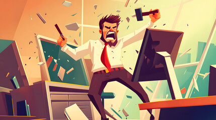 Frustrated Businessman Smashing Office Computer with Hammer - Professional Stock Photo