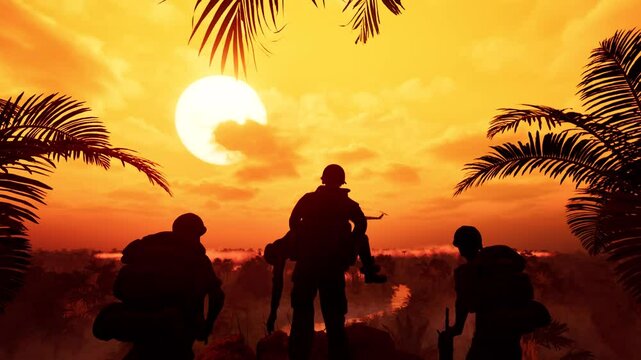 Silhouettes of American soldiers in Vietnam after a battle, waiting for helicopter evacuation against the backdrop of sunset over the jungle. 3D animated background for Memorial Day.