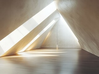 Obraz premium A large room with a triangle shaped ceiling. The ceiling is white and the walls are white. There is a large window in the room