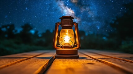 Lantern on table under starry night