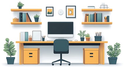 Fototapeta premium Modern Home Office Desk Setup with Computer, Plants, and Shelves