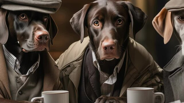 Three dogs in a pub, medium shot, vintage style, humor and anthropomorphic concept, for comedy videos, social media, and pet-related content.