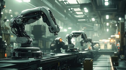 Fototapeta premium A futuristic factory with hybrid human-bionic robotic workers.
