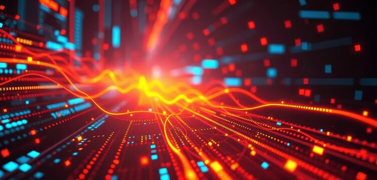 Glowing orange and blue data streams flow across a futuristic digital interface, orange, tech