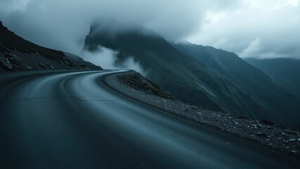 A winding mountain road disappears into a misty, ominous landscape