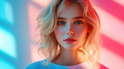 Portrait of a young woman in vibrant neon lighting with soft blonde hair and expressive eyes