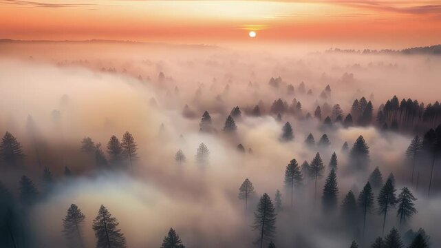 Aerial view of a foggy forest at sunrise, wide shot, nature and environment concept, for nature documentaries, travel vlogs, establishing shot.