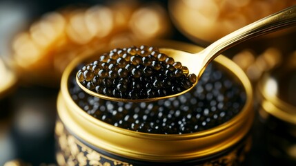 A gourmet spoon lifting caviar from an open tin, with elegant fine dining decor in the background.