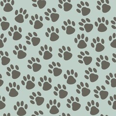 Cat tracks seamless pattern on light green grey background 