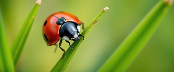 A ladybug rests on a blade of vibrant green grass, high resolution, field