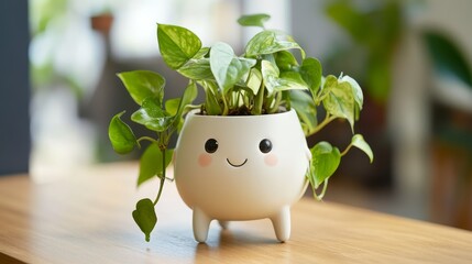 Surprised Face Plant Pot with Pothos Plant on Wooden Table - Modern and Whimsical Home Decor Concept