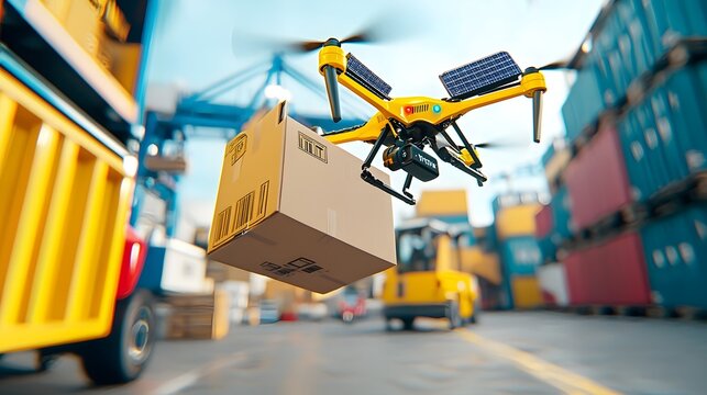 Futuristic solar powered drone delivery system for efficient and eco friendly urban logistics and transportation powered by renewable energy and managed through AI driven optimization and automation
