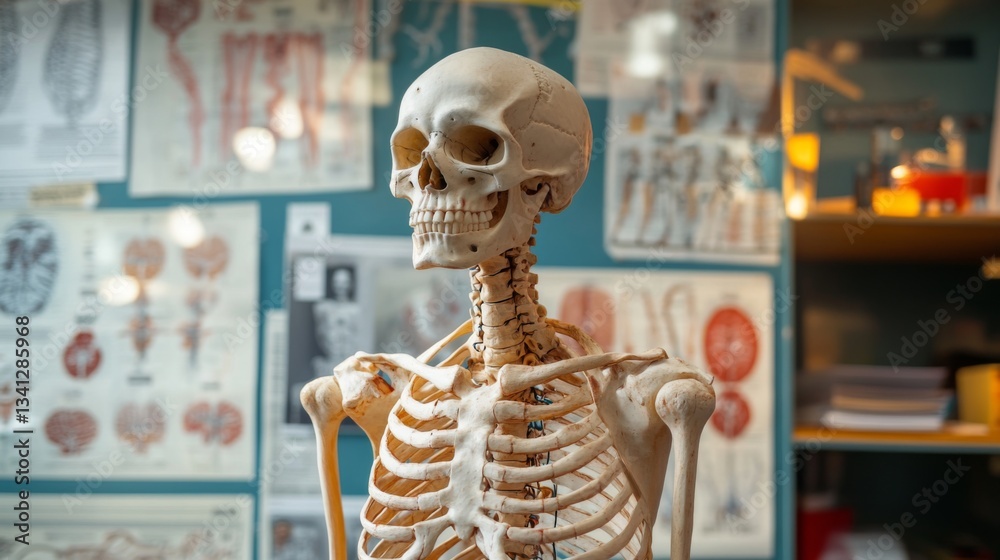 Poster a human skeleton model on display in a study room, with detailed anatomy charts in the background.