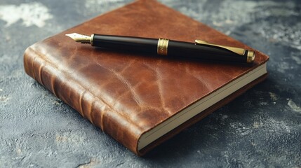 Brown leather journal with a fountain pen.