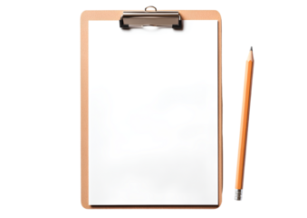 A blank white page on an A4-sized wooden clipboard with a pencil beside it, top view, transparent background