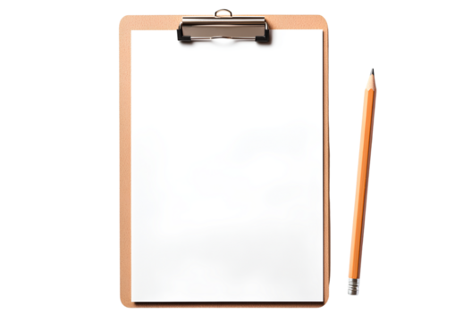 A blank white page on an A4-sized wooden clipboard with a pencil beside it, top view, transparent background