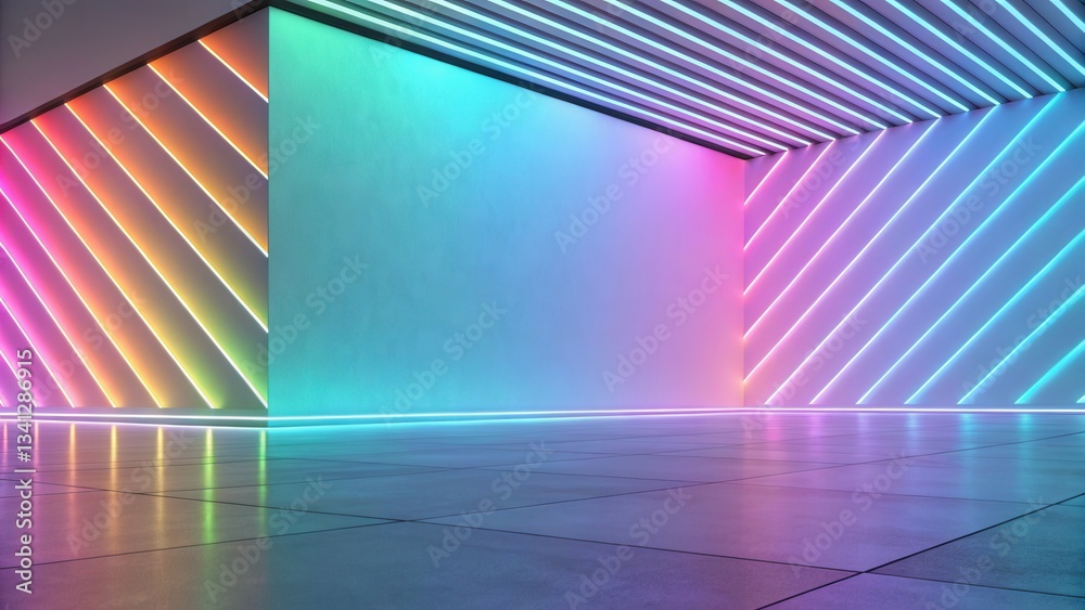 Poster Vibrant, modern space with colorful lighting and geometric patterns.
