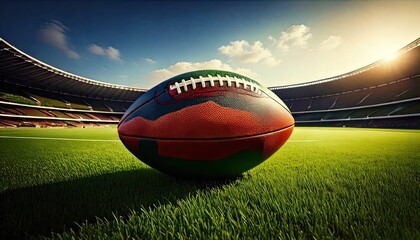Obraz premium A rugby ball stands proud on the field, capturing the spirit of competition and team pride