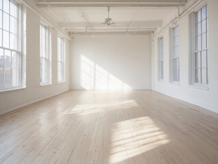 Obraz premium A large room with white walls and wooden floors. There is a fan in the ceiling. The room is empty