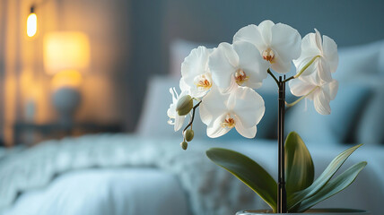 orchid flower on table in bedroom
