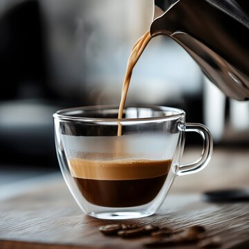 Luxurious espresso shot being carefully poured into a transparent glass cup with a minimal clean cafe style presentation  The scene showcases the and of the beverage