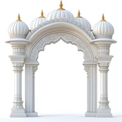 Fototapeta premium Elegant White Marble Archway with Golden Domes Indian Architectural Design 3D Model
