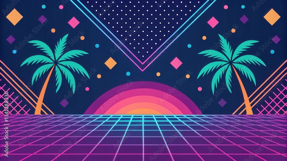 Aufkleber vibrant retro scene with palm trees and geometric shapes against a dark background.