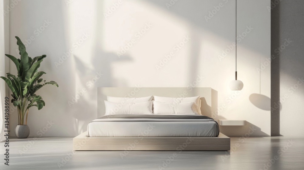Poster a minimalist bedroom with a neutral color palette, featuring a minimalist platform bed and a floor l