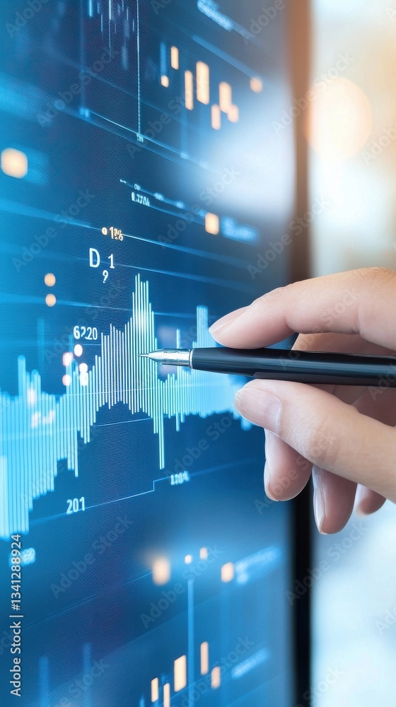 Poster hand analyzing digital chart data on modern touchscreen display