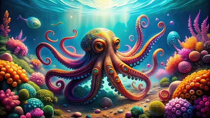 Fototapeta premium Macro Photography: Charming Colorful Octopus, Vibrant Underwater Ocean Life, Whimsical Sea Creature
