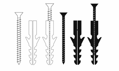 Black and white vector illustration of screws and wall plugs. Ideal for construction, hardware, engineering, technical drawings, and DIY projects. © Rustanto