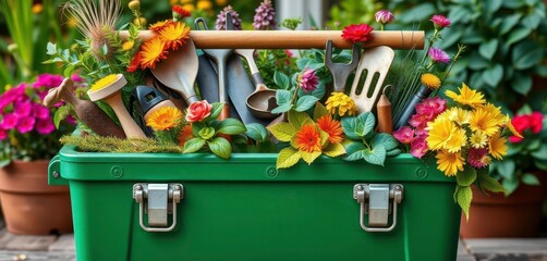Green toolbox overflowing with gardening tools & thriving plants, tidy, shovel