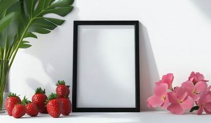 Picture Frame Mockup with Strawberries Flowers and Leaf for Art Presentation