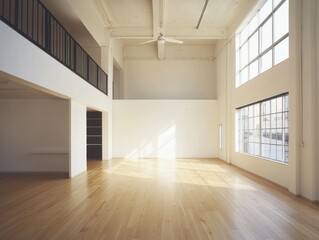Obraz premium A large room with a white wall and wooden floors. There is a fan in the ceiling. The room is empty