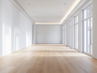 Fototapeta premium A large room with white walls and wooden floors. There is a window in the room