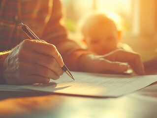 Adult writing with pen, child in background, home