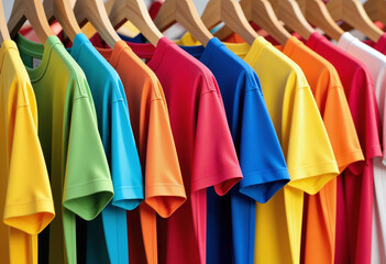 Colorful shirts on hangers in a clothing store.
