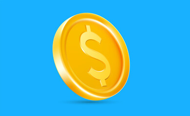 Vector illustration of golden dollar coin on color background. 3d realistic style design of golden shine coin with dollar sign, money symbol for payment and investment, gambling and casino