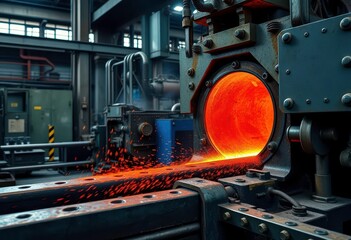 Fototapeta premium Molten steel being poured into a steel bar forming machine, machinery, raw material