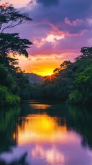 Obraz premium Tranquil tropical river reflecting a vibrant sunset through lush forest