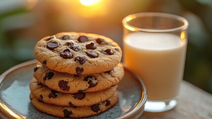 Stacked chocolate chip cookies with milk