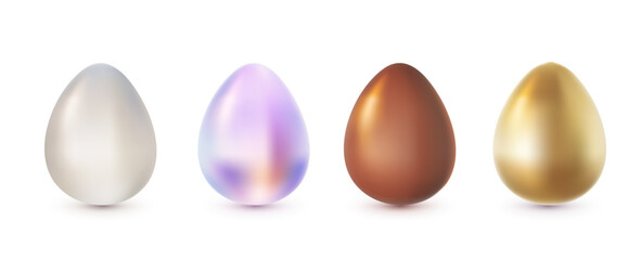 Vector set of illustration of golden, neon and chocolate egg isolated on white background. 3d cartoon style design of realistic shine different color egg for holiday easter hunt greeting card