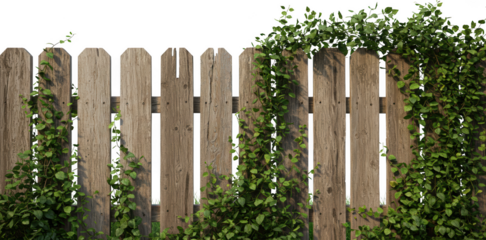 Old Wooden Fence Covered with Lush Green Vines Ideal for Backgrounds and Textures