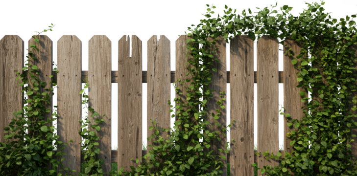Old Wooden Fence Covered with Lush Green Vines Ideal for Backgrounds and Textures