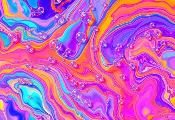 Shimmering iridescent bubbles drift amidst swirling, neon-colored abstract paint, shiny, graphic